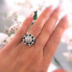 Round Brilliant Diamond & Sapphire Princess Style Flower Cocktail Ring 14kt WG