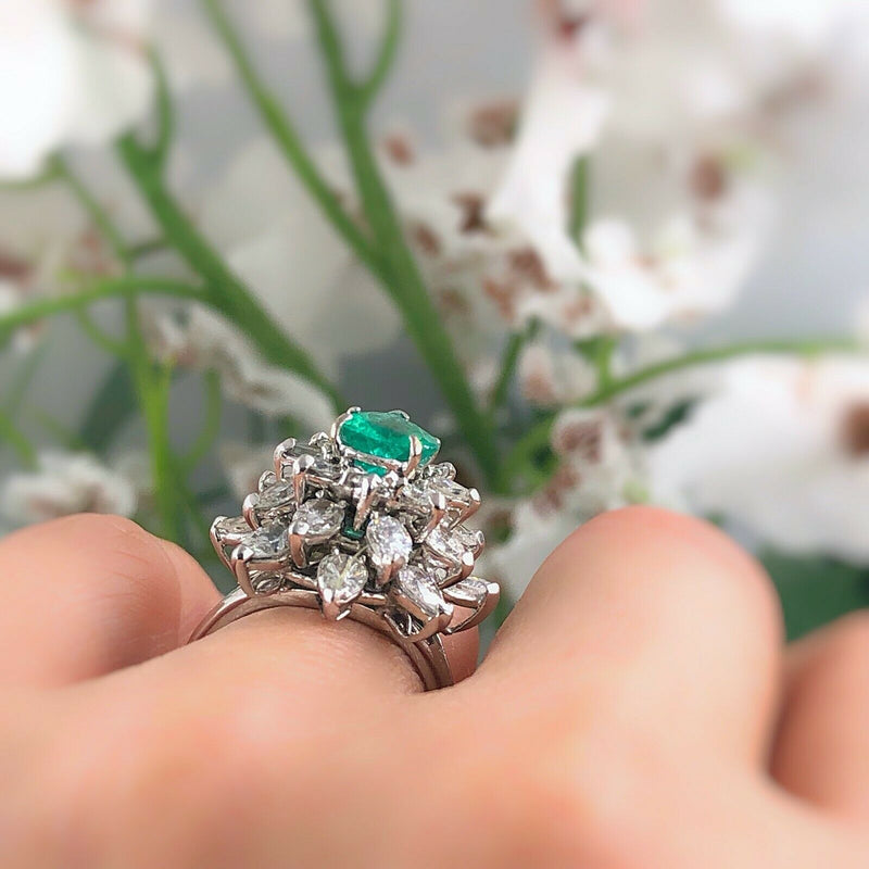 Natural Green Emerald and Diamond Platinum 3.50ctw Ballerina Ring