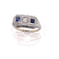 Art Deco Diamond and Synthetic Sapphire 0.45 tcw 14kt White Gold Engagement Ring