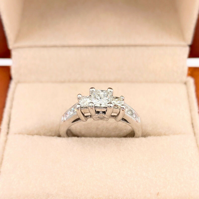 Three Stone Princess Cut Diamond Engagement Ring 0.85 tcw 14 kt White Gold