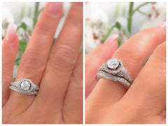 Halo Round Diamond & Diamond Band Engagement Ring Set 1.30 tcw 14kt WG