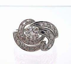 Antique Old European Cut Diamond Swirl Ring 14K White Gold