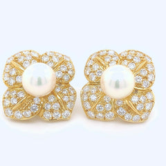 Mikimoto Pave Diamond Pearl Floral Earrings in 18kt Yellow Gold