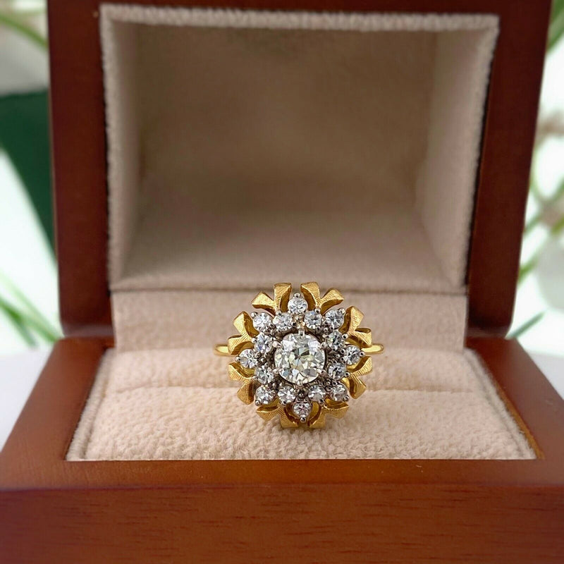 Antique Old Mine Cut Floral Diamond Ring 0.85 tcw in 18k Yellow Gold