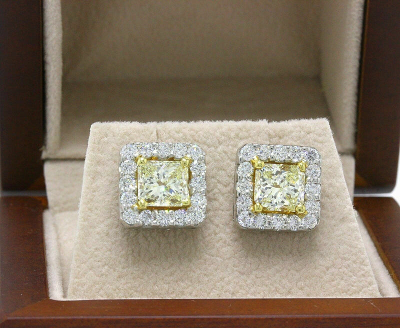 Light Yellow Princess Halo Diamond Earrings 3.96 tcw 18k White Yellow Gold 25K