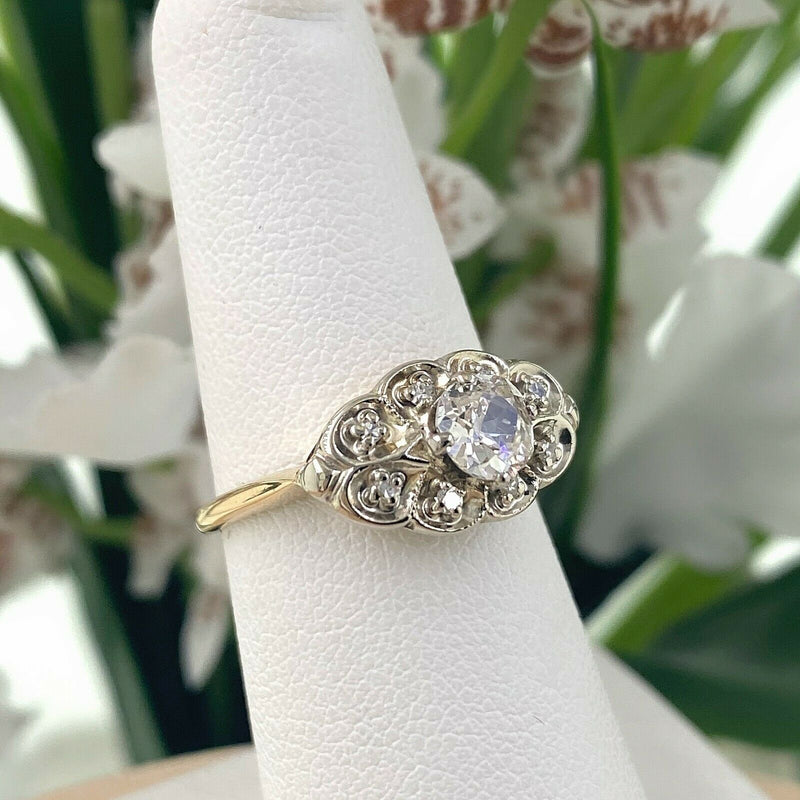 Antique Old Mine Cut Diamond 0.58 tcw Engagement Ring 14K Yellow and White Gold