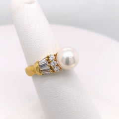 Mikimoto Akoya 8.5mm Pearl & Diamond Ring 18K Yellow Gold