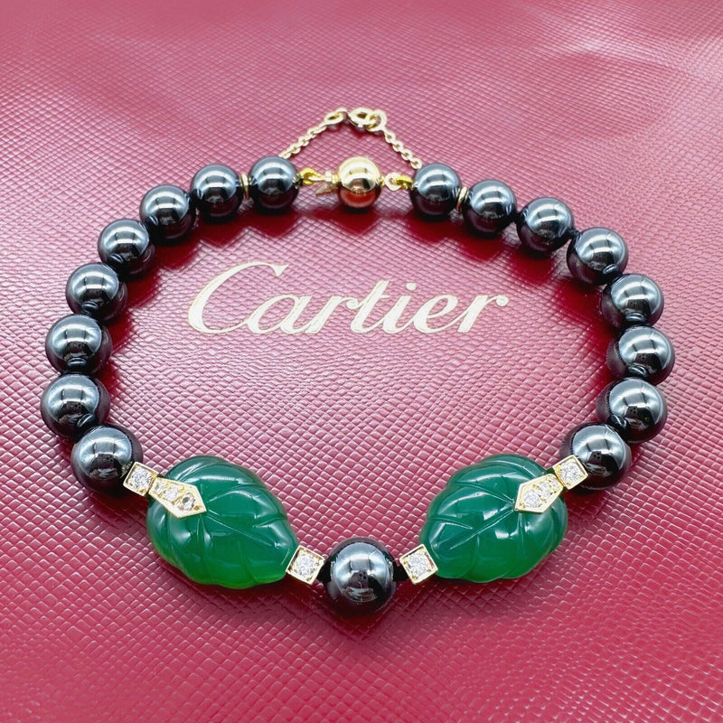 Cartier Patiala Hematite Beads with Carved Green Chalcedony Leaves Bracelet YG