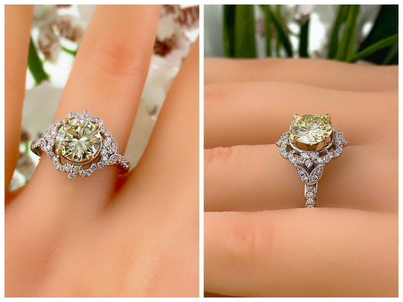 Shane & Co Round Diamond 2.13 tcw Floral Filigree Halo Engagement Ring GIA