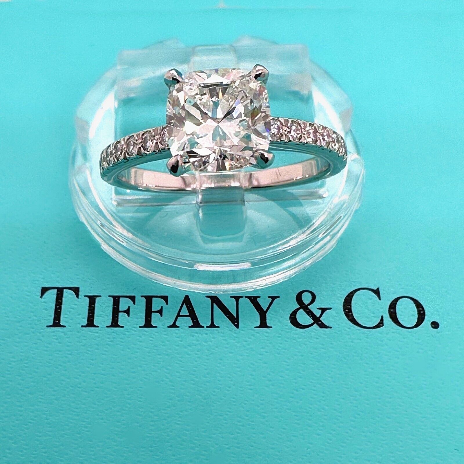 Tiffany Co NOVO tcw Cushion Diamond Eng Ring Pave Diamond