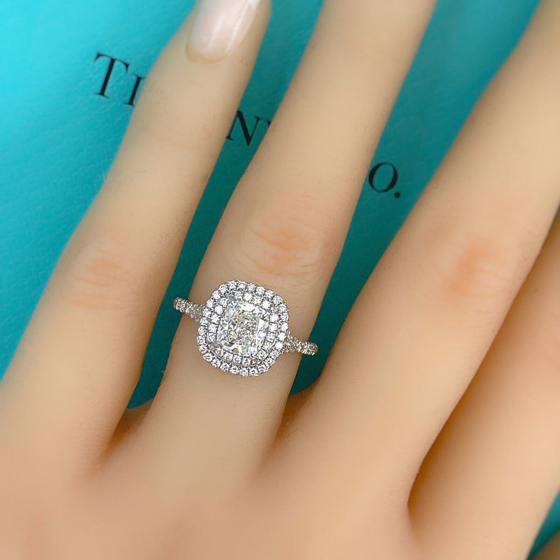 Tiffany & Co Cushion Diamond Double Halo Soleste 1.63 tcw Engagement Ring Plat