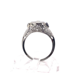 Art Deco Diamond Filigree Ring with Sapphire Trillions 14kt White Gold 0.25 tcw