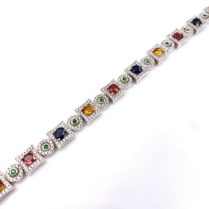 Multi-Color Sapphire and Diamond 10.60 TCW Geometric Link Bracelet 14K