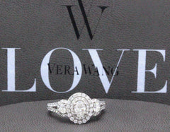 Vera Wang 1 1/2 tcw Three Stone Oval Diamond Halo Engagement Ring 14k White Gold