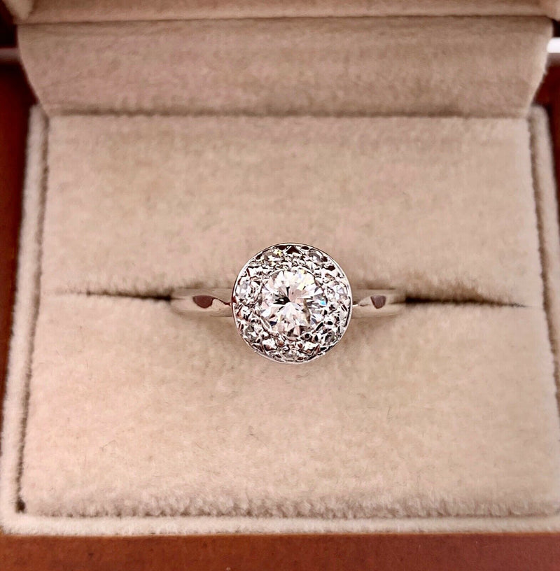 Vintage Diamond Halo Engagement Ring 14K White Gold