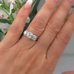 Three Stone Cushion Diamond Engagement Ring 1.17 tcw Halo Design 14k White Gold