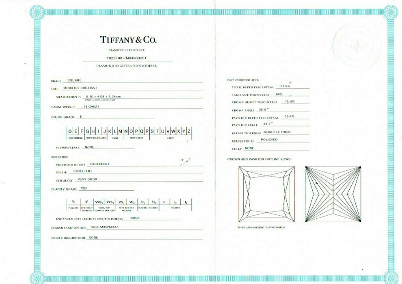 Tiffany & Co GRACE Princess Diamond 0.89 tcw Engagement Ring Diamond Certificate
