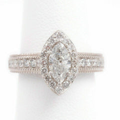 Marquise Diamond Halo Engagement Ring Milgrain Diamond Band 1.00 tcw 14kt WG