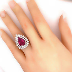 6.94 tcw Pear Shape Rubellite Double Halo Diamond Cocktail Ring