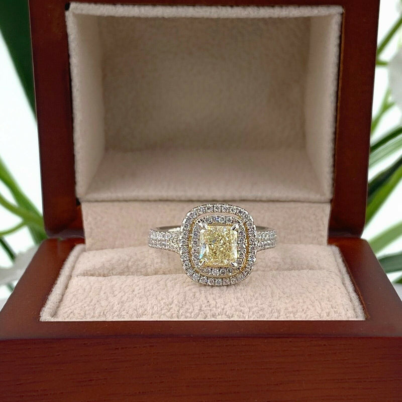 HENRI DAUSSI Radiant Diamond 2.02 Tcw Double Halo Engagement Ring Platinum GIA