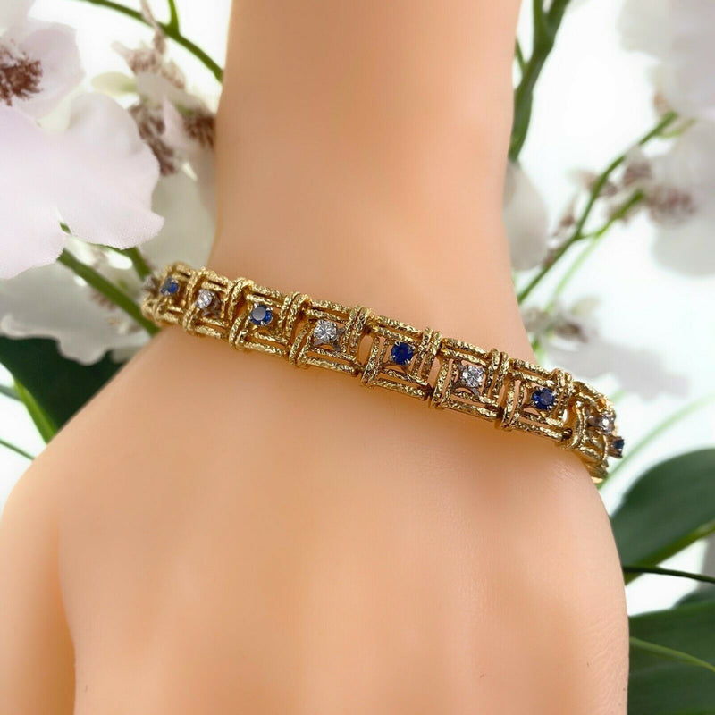 1.50 tcw Diamond & Blue Sapphire 18kt Yellow Gold Square Link Bracelet