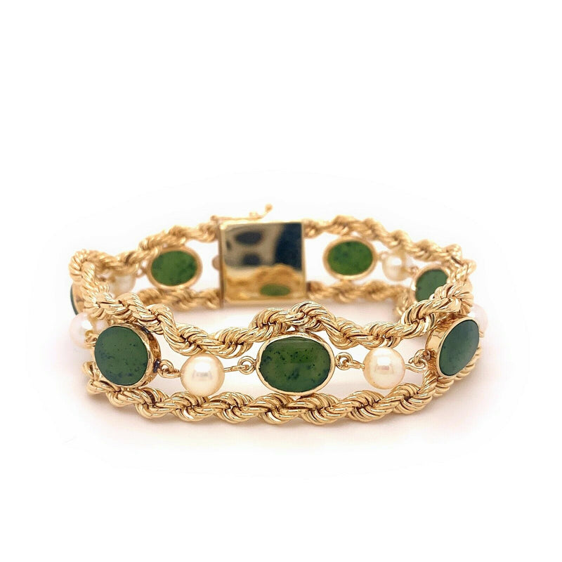 Jade & Pearl Double Rope 14kt Yellow Gold Bracelet