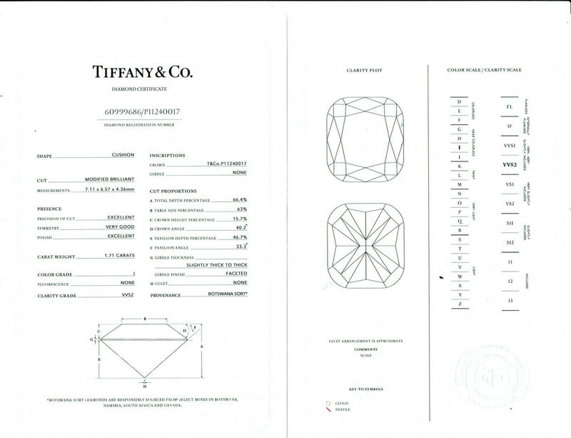 Tiffany & Co Soleste Cushion Diamond Engagement Ring 2.21 tcw Plat Certificate