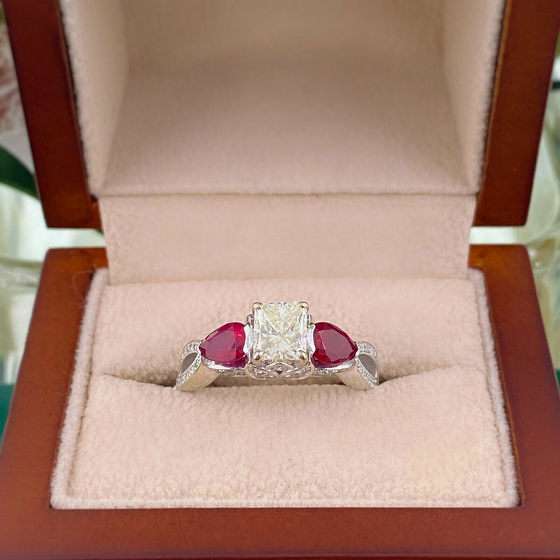 Simone & Sons 2.90 tcw Radiant Diamond & Ruby Twist Band Engagement Ring 18kt WG