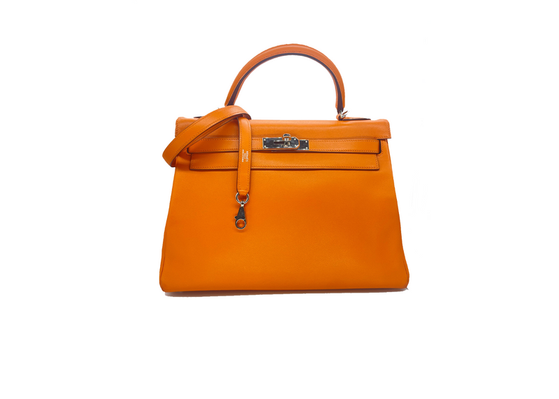 HERMES Kelly Retourne 32 cmm Circa 2005 Orange Veau Swift Palladium Hardware