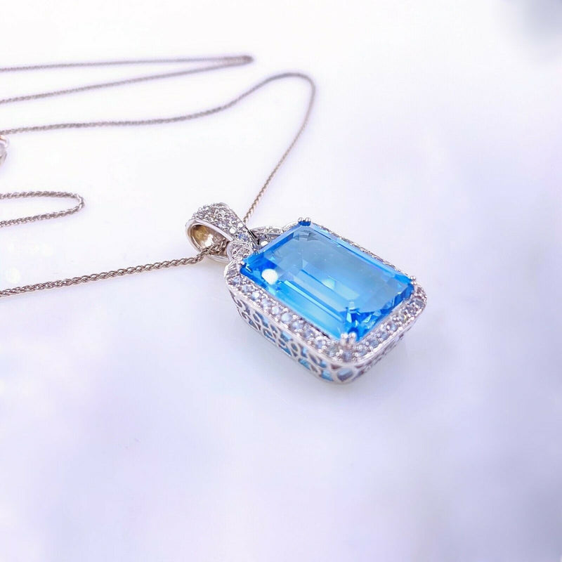Blue Topaz and Sapphire Necklace 14K White Gold 15''-22'' Chain