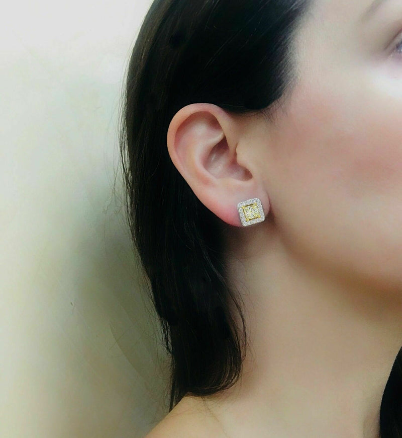 Light Yellow Princess Halo Diamond Earrings 3.96 tcw 18k White Yellow Gold 25K