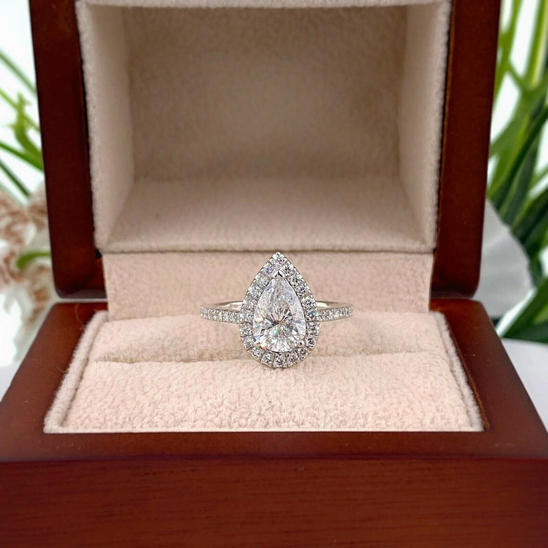 Pear Shape Diamond 1.55 tcw Halo & Diamond Band Engagement Ring 18kt White Gold