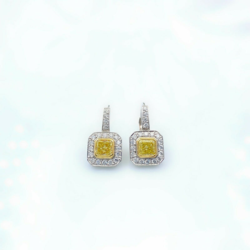 Fancy Yellow Radiant Diamond Bezel Set Halo Earrings 14 kt White Yellow Gold