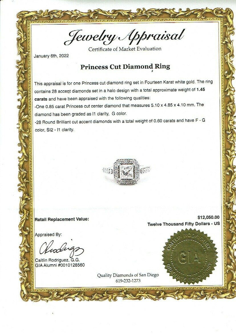 Princess Cut Diamond Halo Engagement Ring 1.45 tcw 14kt White Gold