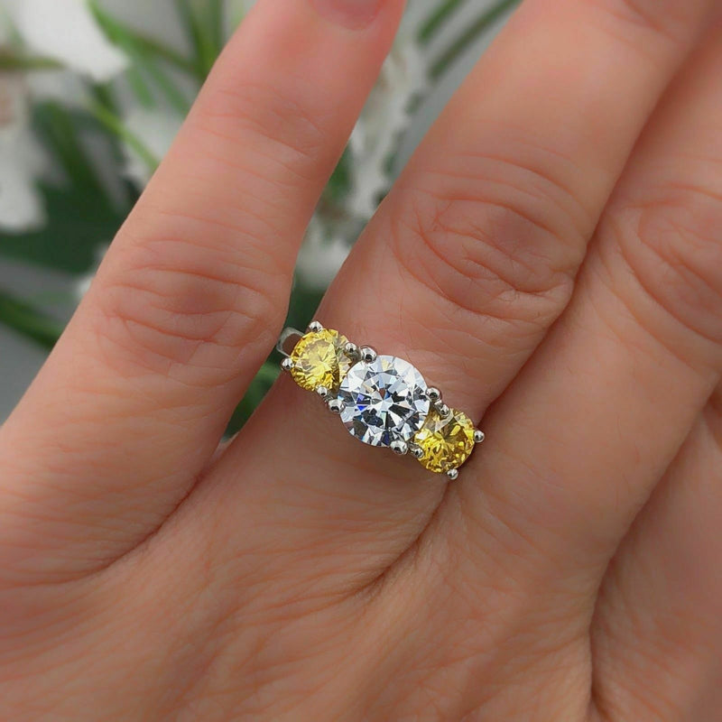Fancy Vivid Yellow Round Diamond 3 Stone Semi Mount Engagement Ring