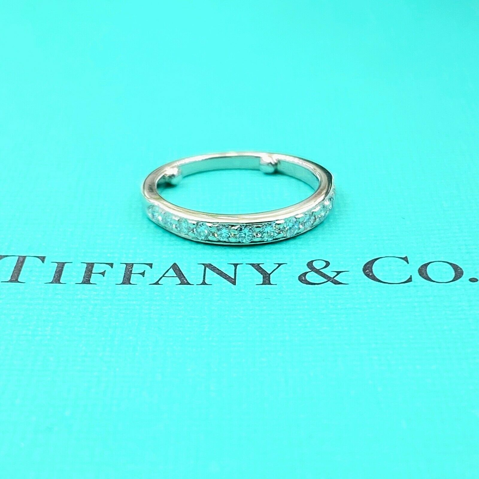 Tiffany Co Round Diamond Bead Set Half Circle Band Ring Platinum
