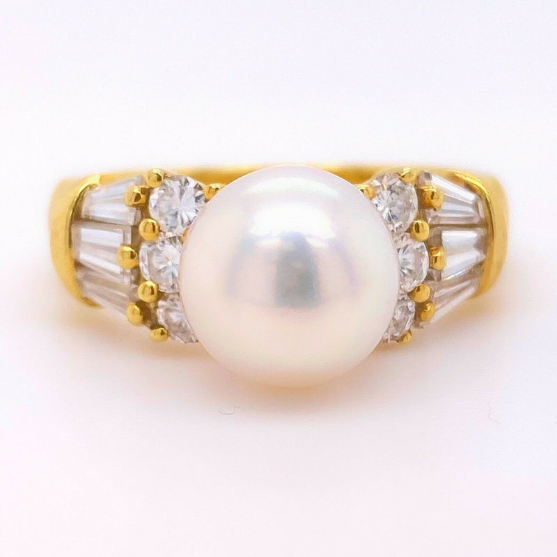 Mikimoto Akoya 8.5mm Pearl & Diamond Ring 18K Yellow Gold