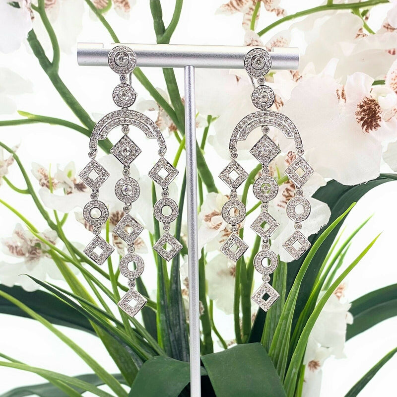 Diamond Geometric Chandelier Earrings 2 Carats 14K White Gold