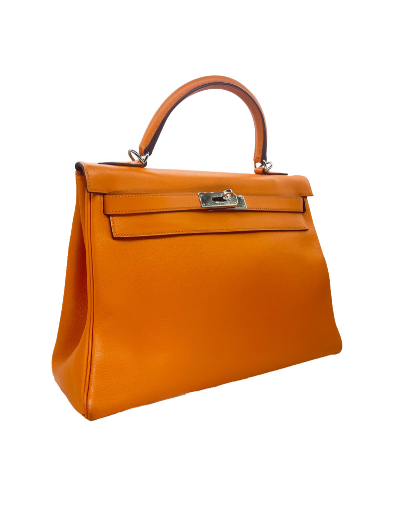 HERMES Kelly Retourne 32 cmm Circa 2005 Orange Veau Swift Palladium Hardware