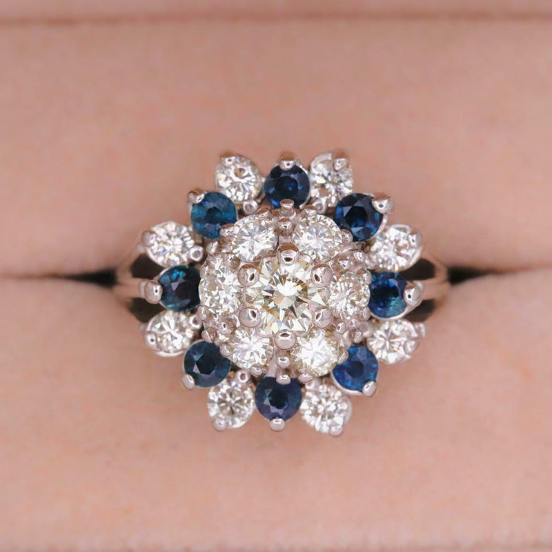 Round Brilliant Diamond & Sapphire Princess Style Flower Cocktail Ring 14kt WG