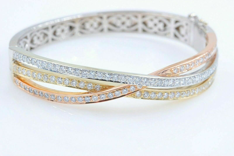 Tri-Color Round Diamond Bangle Bracelet 14 kt White Yellow Rose Gold 2.00 tcw