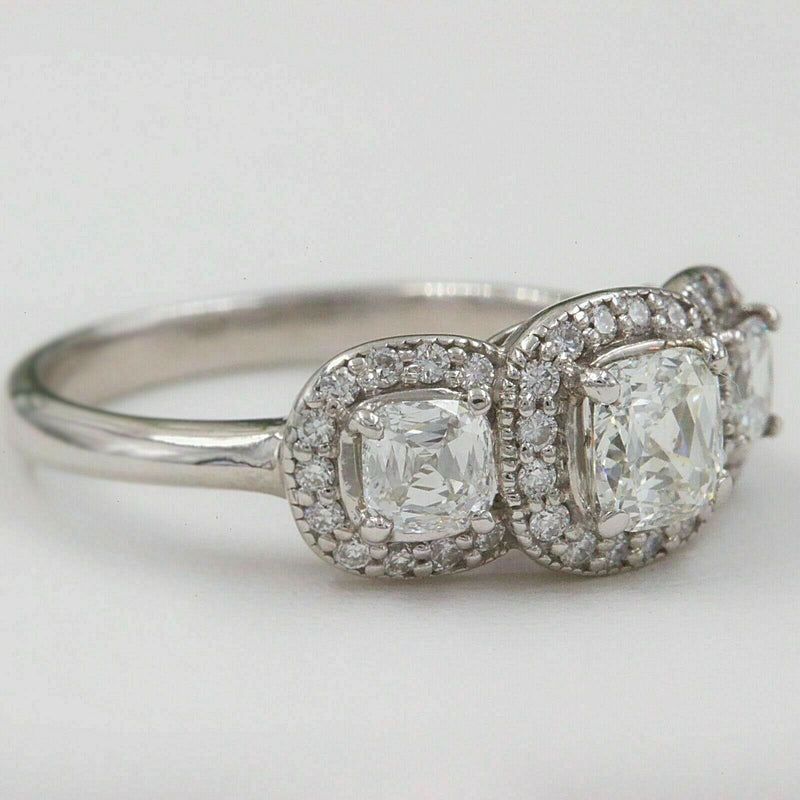 Three Stone Cushion Diamond Engagement Ring 1.17 tcw Halo Design 14k White Gold